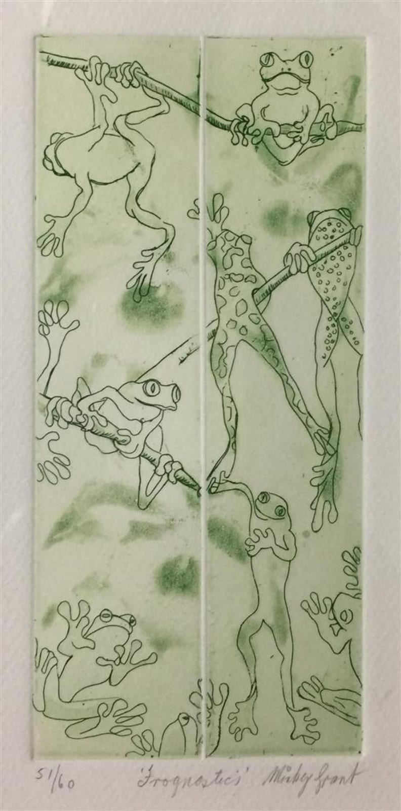 Minky Grant comparable auction result: minky grant 20th century frognastics green etchinged 51 60