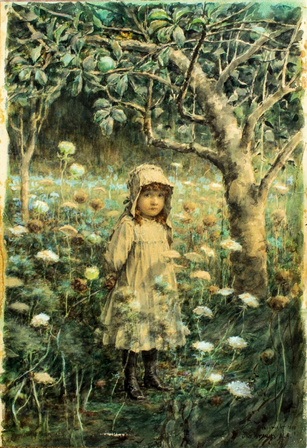 Watercolor painting of a young girl in a white dress standing in a garden with trees, green foliage, and bright flowers.