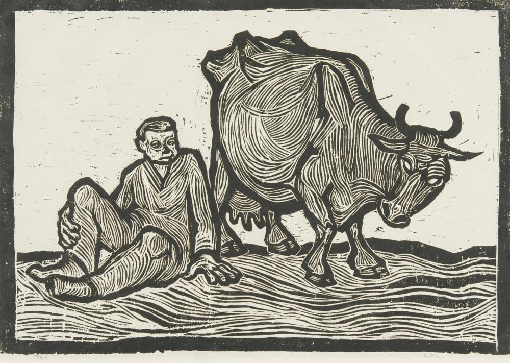 Lidia Groblicka comparable auction result: lidia groblicka polish australian 1933 2012 man with bull linocut ed 10 20