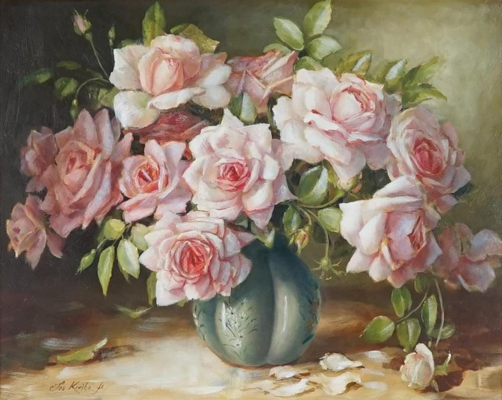 Jos Kivits comparable auction result: jozef kivits 1945 roses in opaque glass vase 39 5 x 49 5cm
