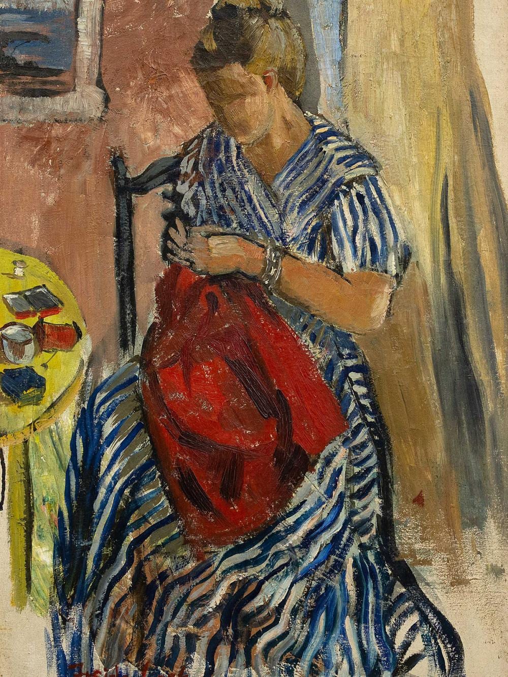 Freida Lock comparable auction result: freida lock sa 1902 1962 oil woman sewing signed 62 x 44