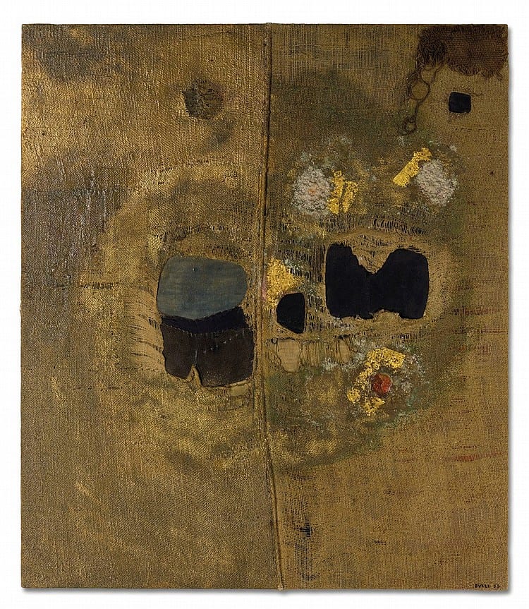Alberto Burri (1915-1995) Sacco burlap, fabric, oil, gold and Vinavil on canvas 39¼ x 33 7/8in. (99.8 x 86cm.) comparable sale