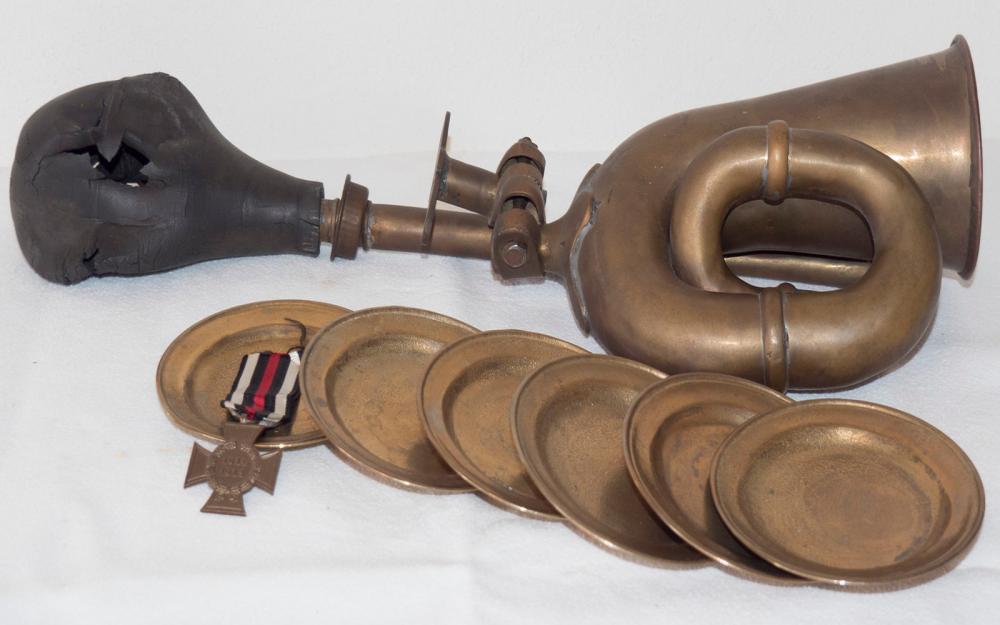 Carl Frederik Reuterswärd comparable auction result: car horn brass bellows defective these six heavy brass coasters and a front