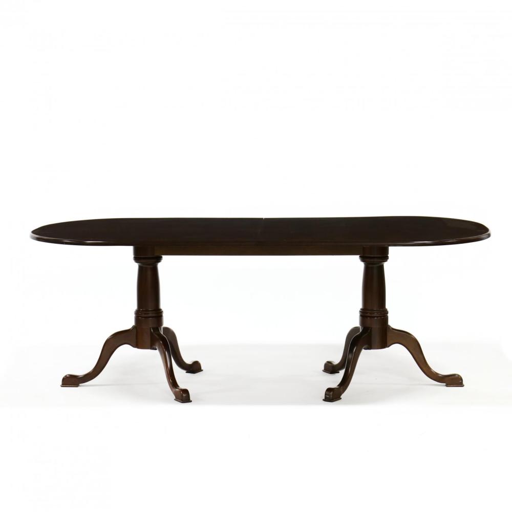 Howerton Antique Furniture Co., Queen Anne Style Double Pedestal Mahogany Dining Table sold by Leland Little Auctions, lot 661 — auction record photograph