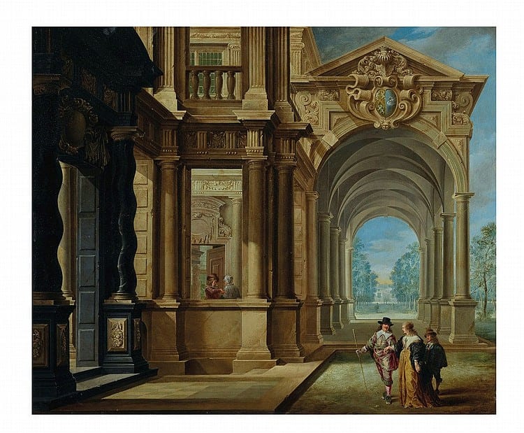 Dirck van Delen comparable auction result: dirck van delen heusden 1604 05 1671 arnemuiden an architectural capriccio with an elegant couple strolling before a