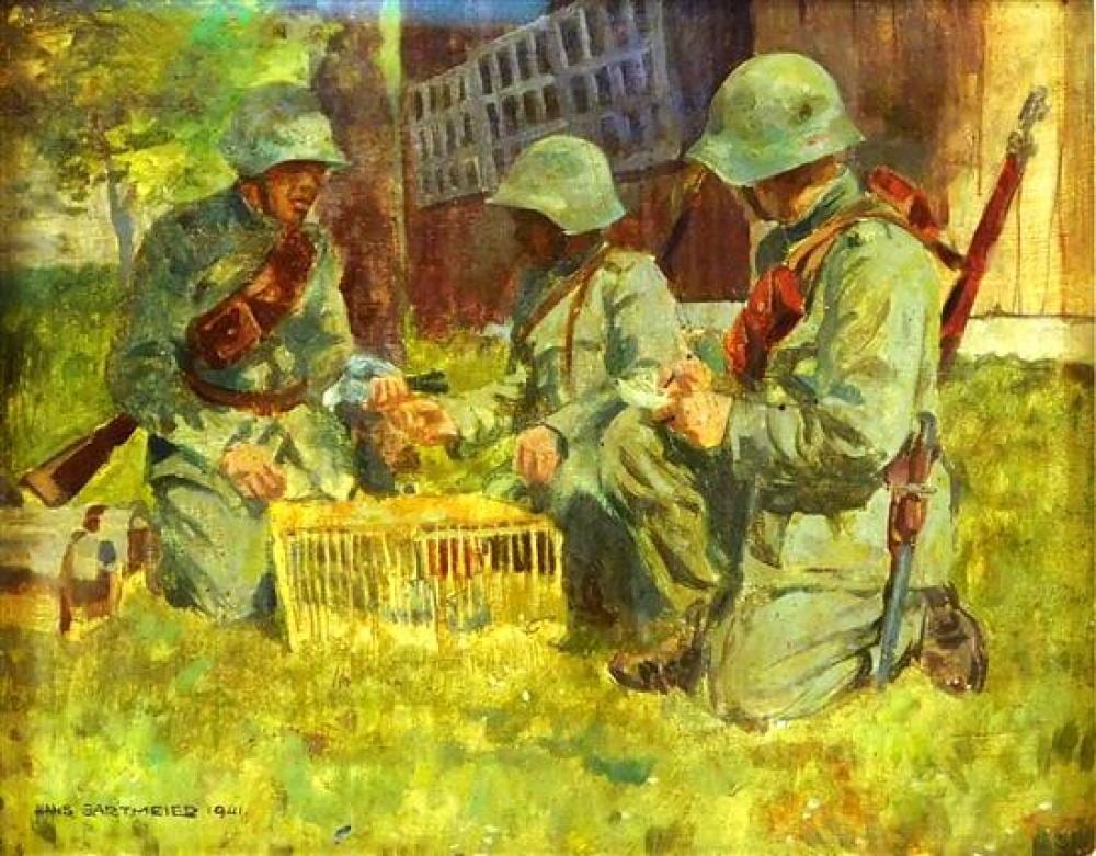 Hans Gartmeier comparable auction result: hans gartmeier swiss 1910 1985 oil on canvas 1941 depicts swiss soldiers gathered with ammunition and a trap signed and dat