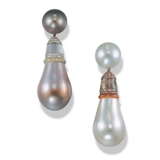 A SUPERB PAIR OF NATURAL PEARL AND MULTI-GEM EAR PENDANTS, BY Etcetera comparable sale