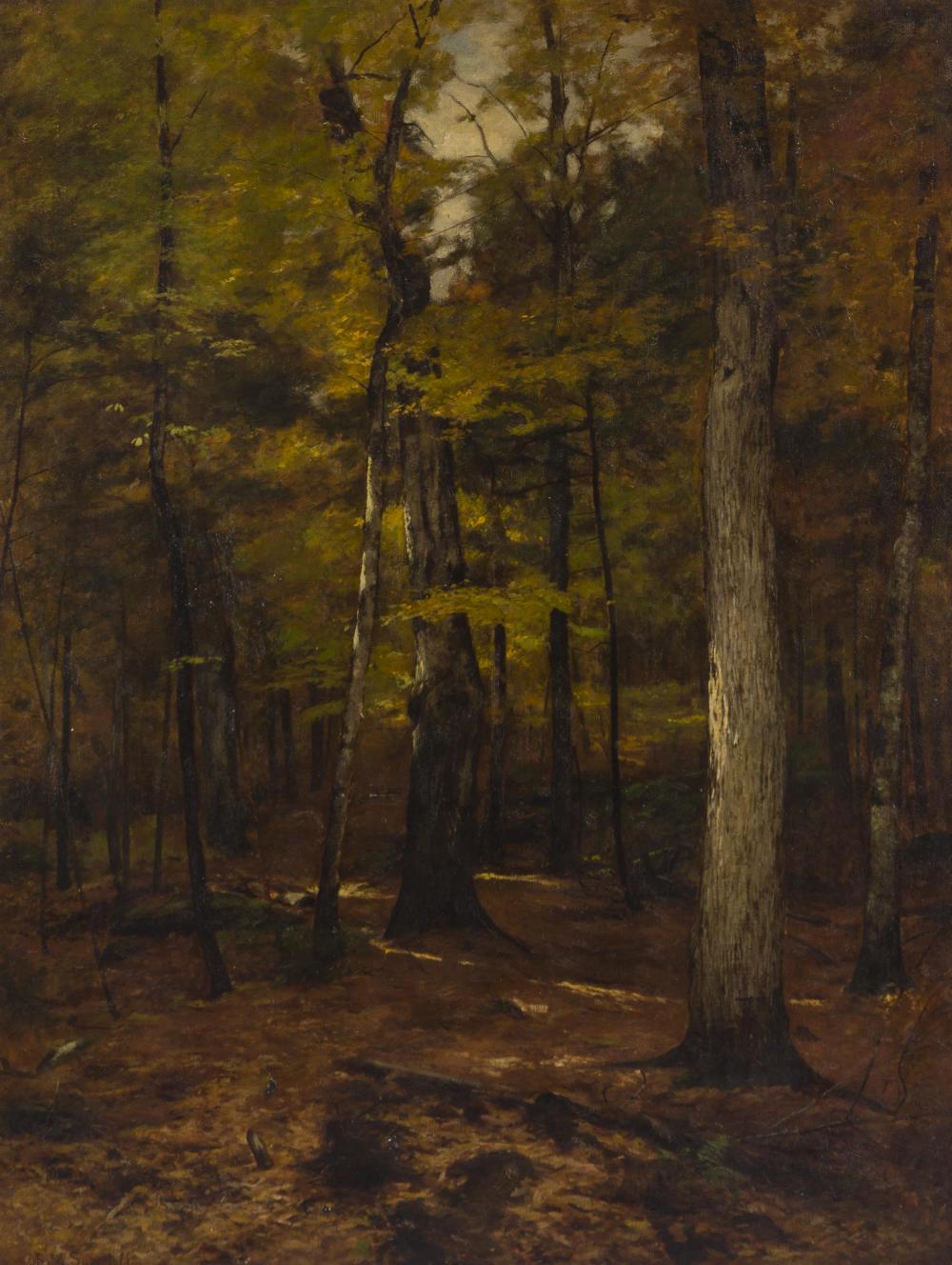 Roswell Morse Shurtleff, (1838-1915 New York, NY), Interior forest scene, Oil on canvas, 50" H x 38.25" W sold by John Moran Auctioneers, lot 1225 — auction record photograph