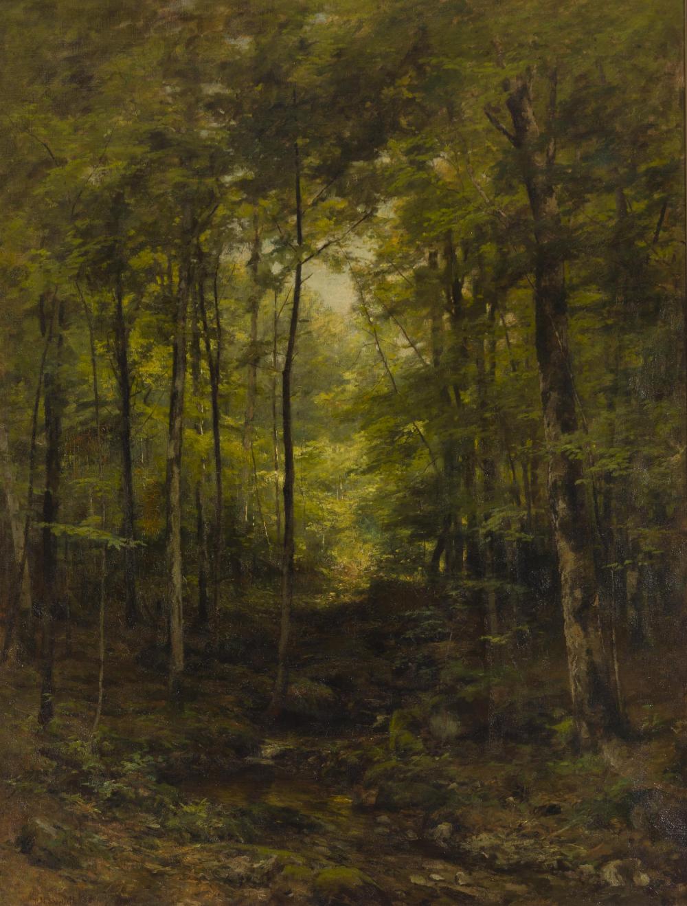 Roswell Morse Shurtleff, (1838-1915 New York, NY), "A Song of Summer Woods," 1886, Oil on canvas, 50" H x 38.25" W sold by John Moran Auctioneers, lot 1233 — auction record photograph