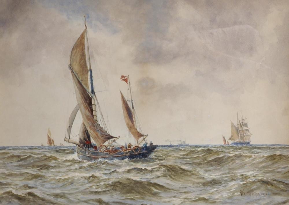 William Whittington comparable auction result: william g whittington act 1904 1914 british a shipping scene with a trawler in the foreground watercolour signed and dated 1913 14 25 x 20 5