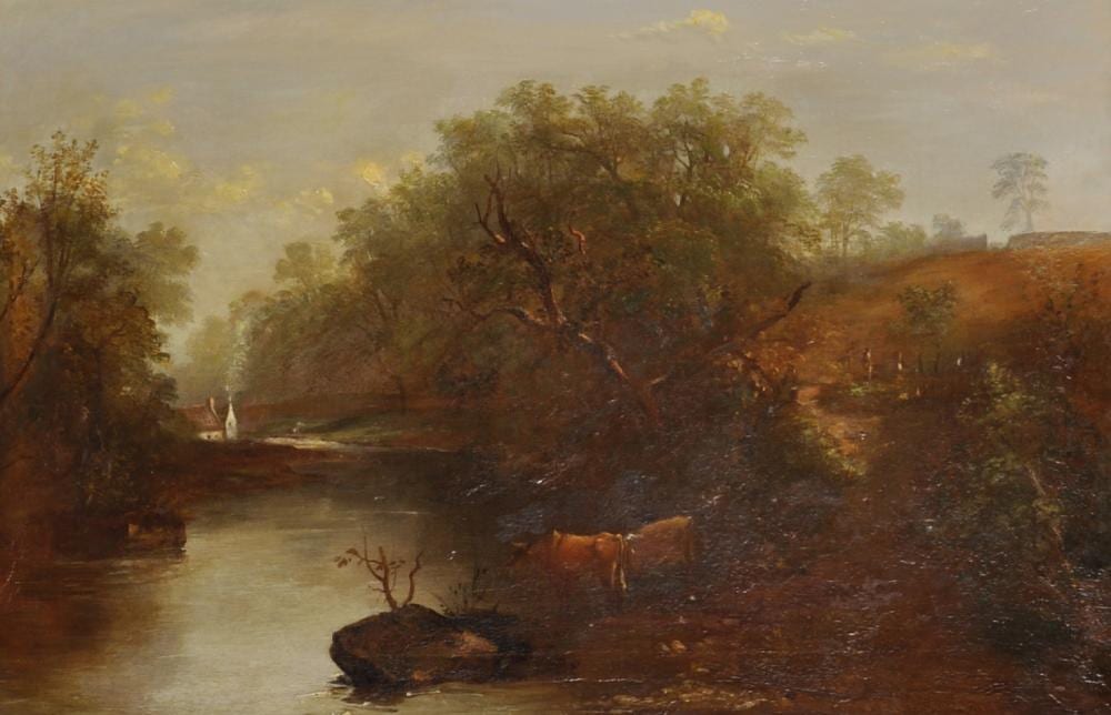 James Hall Cranstoun comparable auction result: james hall cranstoun 1821 1907 british a river landscape with cattle watering and a cottage in the distance oil on canvas incised signature 16 x 23 5