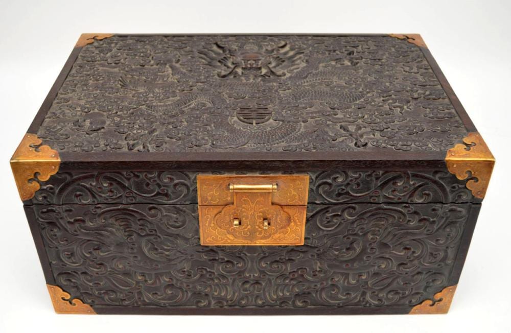 ANTIQUE CHINESE ZITAN WOOD BOX with hand carved dragon scene and bronze mounts. Condition: no issues identified. sold by Bill Hood & Sons Arts & Antiques Auctions, lot 8 — auction record photograph