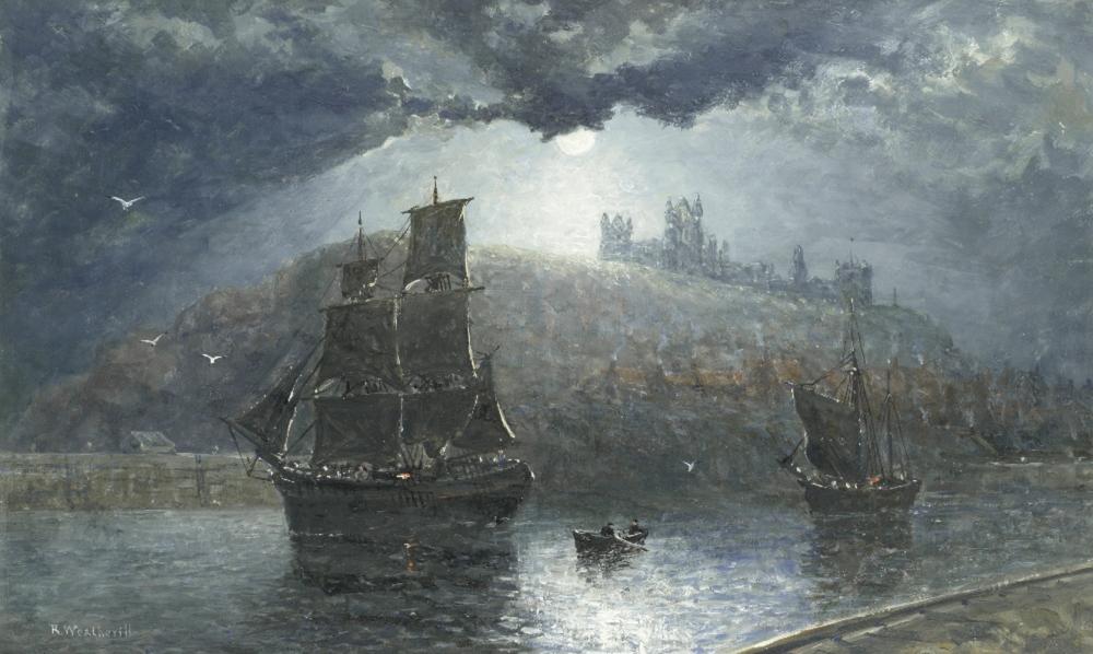 Richard Weatherill comparable auction result: richard weatherill british 1844 1913 sailing vessels under moonlight in whitby harbour