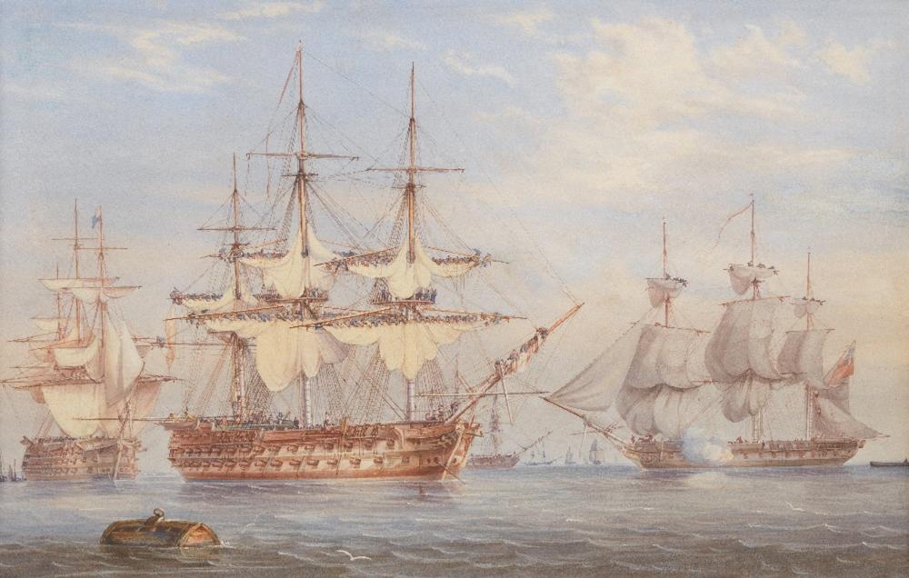 John Cantiloe Joy comparable auction result: john cantiloe joy british 1806 1866 a two decker furling its sails upon arrival into port with a frigate firing a salute to signal its departure