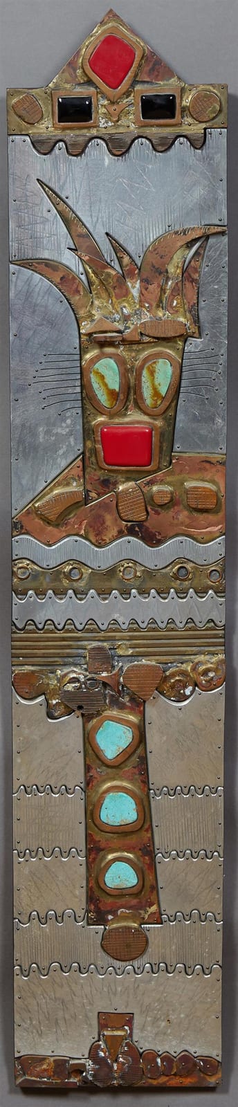 Thom Wheeler comparable auction result: thom wheeler 1946 texas headdress mixed metal turquoise onyx and carnelian stone sculpture 20th c unsigned mounted on