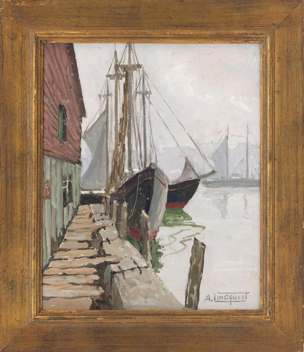 Arthur Lingquist comparable auction result: arthur lingquist massachusetts connecticut sweden 1889 1975 boston harbor in winter oil on board 12 x 10 framed 15 5 x 1