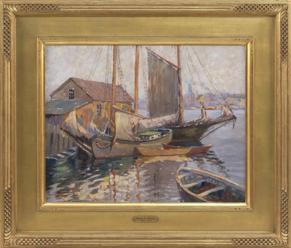 lester a gillette kansas massachusetts ohio 1855 1940 harbor july 1928 oil on board 16 25 x 20 25 framed 24 75 x 28 5 · Eldred's · 2019-11-23 Lester A. Gillette comparable auction result: lester a gillette kansas massachusetts ohio 1855 1940 harbor july 1928 oil on board 16 25 x 20 25 framed 24 75 x 28 5