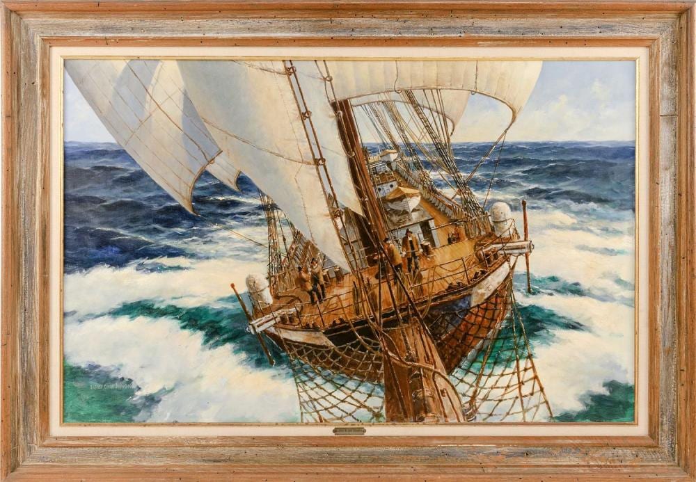 Eldred Clark Johnson comparable auction result: eldred clark johnson north carolina new york florida 1926 1992 detailed deck view of a ship under sail oil on canvas 28 x 44