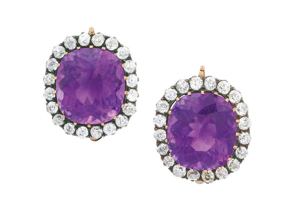 An Antique Pair of Amethyst, Diamond, Silver and Gold Earrings, circa 1900 sold by Dupuis Auctioneers, lot 391 — auction record photograph