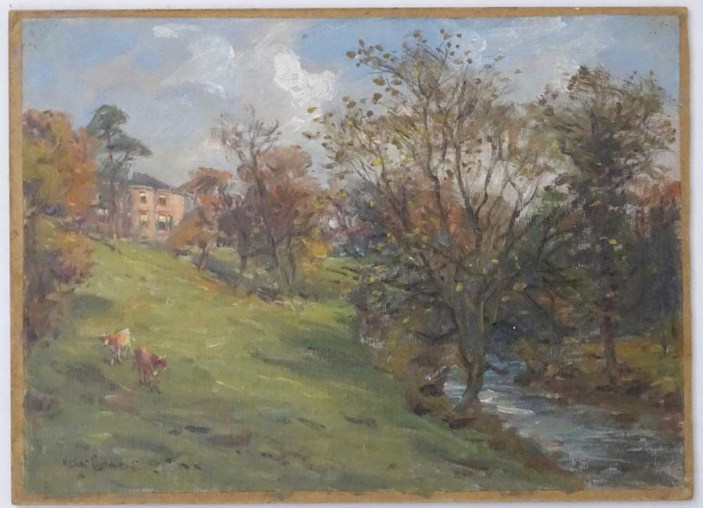 Hector Chalmers comparable auction result: hector chalmers 1849 1943 oil on canvas laid on board a river running below a country house signed lower left 9 7 8 x 13 3 4