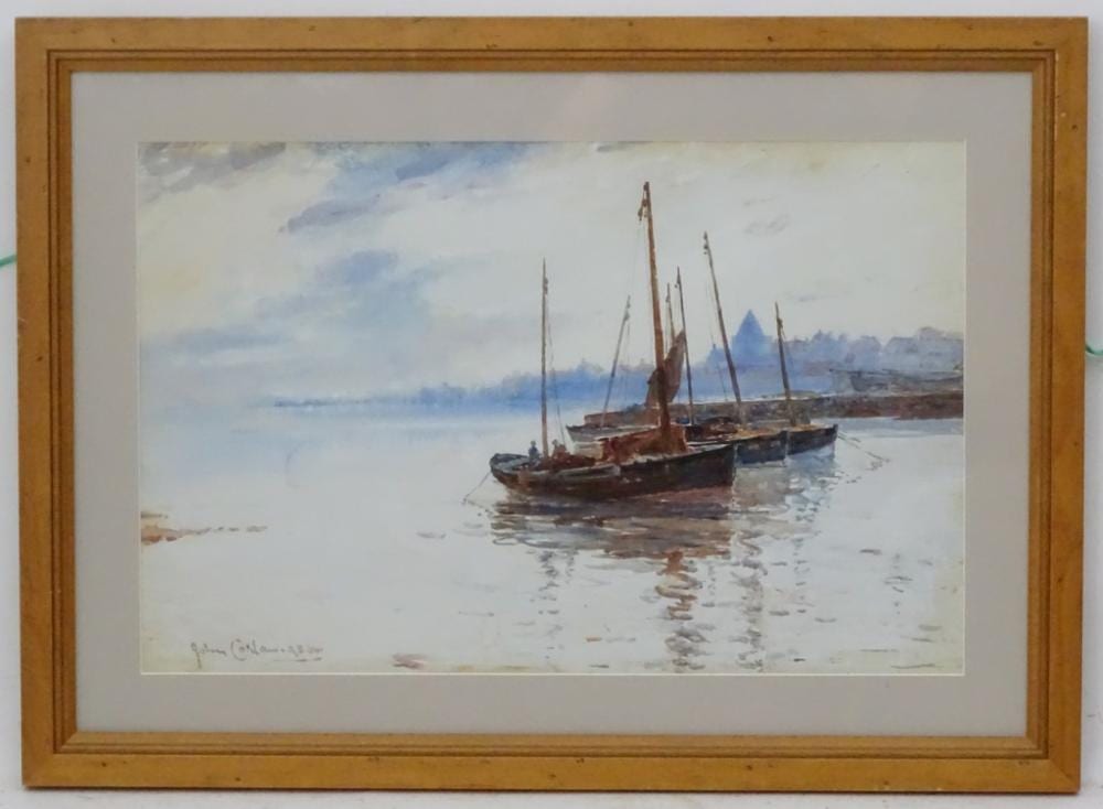 John Carlaw comparable auction result: john carlaw 1850 1934 rsw watercolour fishing boats smacks at harbour signed lower left and labelled with title verso 12 1 2 x 19 1 4