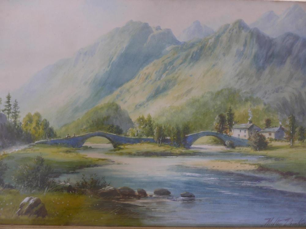 Milton Drinkwater comparable auction result: milton drinkwater mountain landscape with bridge over a river signed 17 x 11