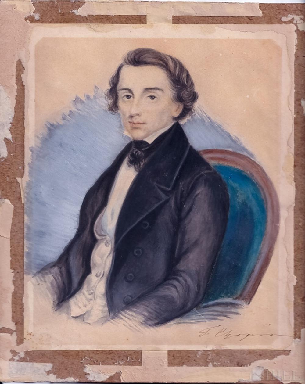 19th Century Frederic Chopin Watercolor Portrait Painting attr. Teofil Kwiatkowski (Polish, 1809-1891) sold by Hill Auction Gallery, lot 195 — auction record photograph