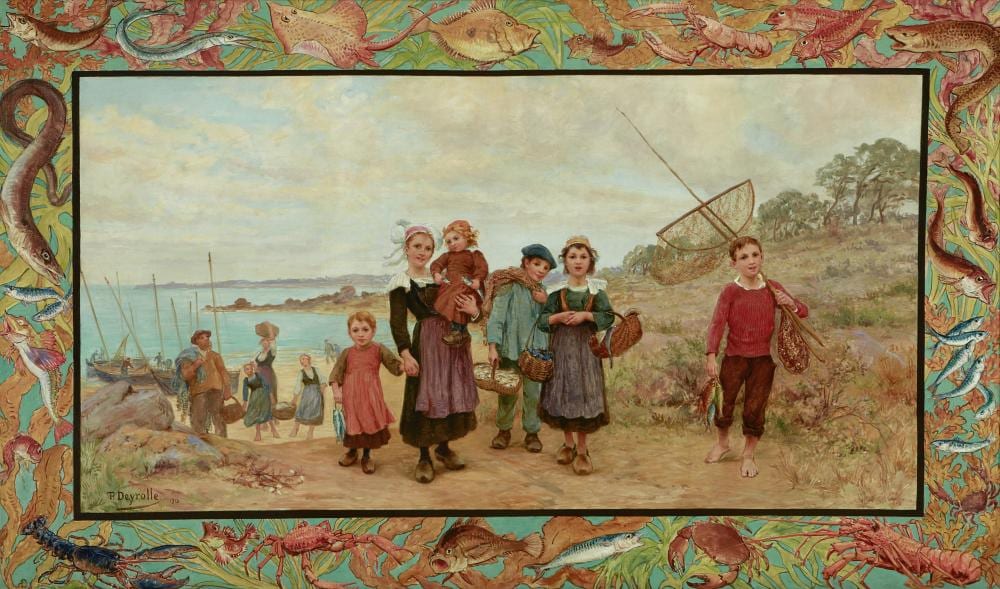 Théophile-Louis Deyrolle comparable auction result: th ophile louis deyrolle french 1844 1923 the fisherfolk s return within a painted border featuring sea life 55 x 93 1 2in 139 7 x 237 5cm