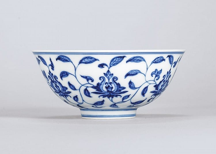 An Exceptional Blue And White Indian LOTUS ‘PALACE’ BOWL CHENGHUA SIX-CHARACTER MARK IN UNDERGLAZE BLUE WITHIN A DOUBLE CIRCLE AND OF 6 in. (15.2 cm.) diam., box comparable sale
