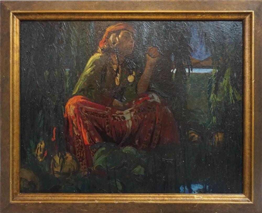 Glen Mitchell comparable auction result: glen mitchell american 1894 1972 gypsy girl oil on board 18 x 22 3 4 in