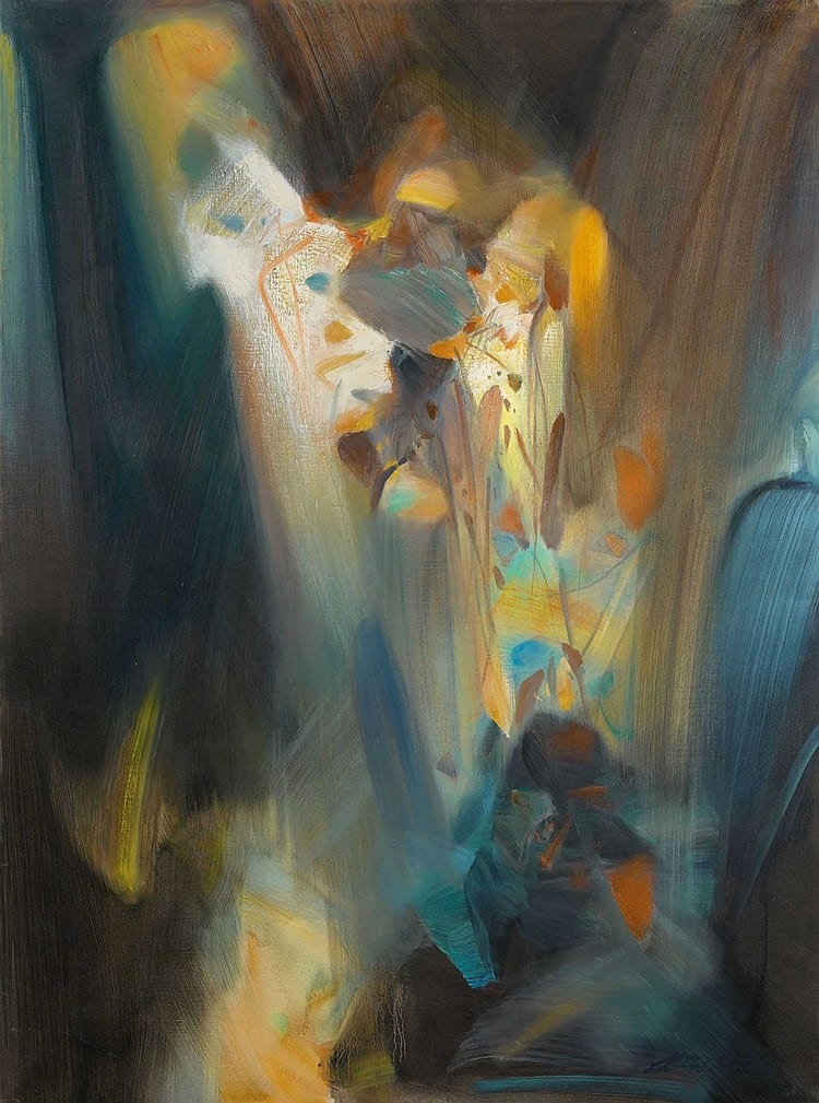 Chu Teh-Chun (ZHU DEQUN, 1920-2014) Flot de lumières (Stream of light) oil on canvas 130 x 97 cm. (51 1/8 x 38 1/8 in.) comparable sale
