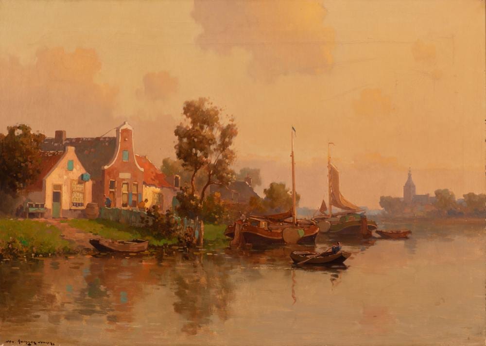 Knikker Jan Simon (1911) comparable auction result: river view with a fisher setting off