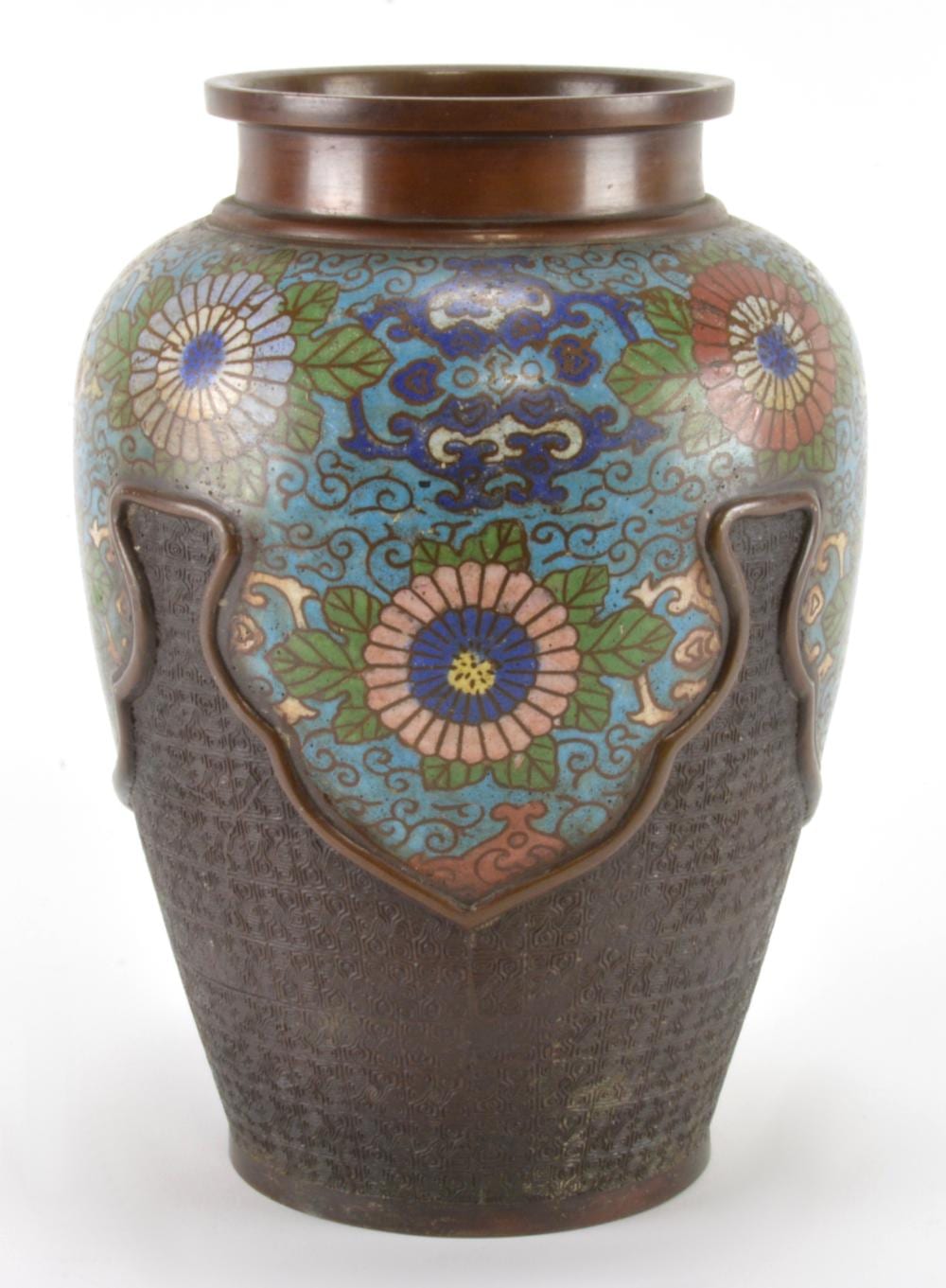 Japanese Meiji Bronze Champleve Vase sold by Mebane Antique Auction, lot 445 — auction record photograph