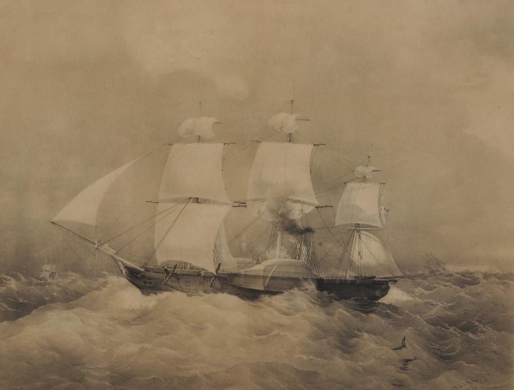 Thomas Goldsworthy Dutton comparable auction result: thomas goldsworthy dutton 1819 1891 british hm steam frigate penelope lithograph in a satinwood frame overall 13 x 16 5