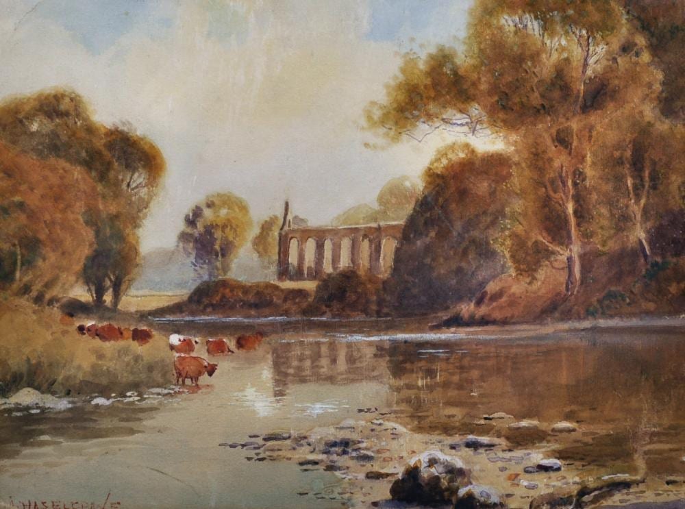 Albert Haselgrave comparable auction result: albert haselgrave 19th 20th century british a tranquil river landscape with cattle watering and church ruins beyond watercolour signed 9 5 x 12 5