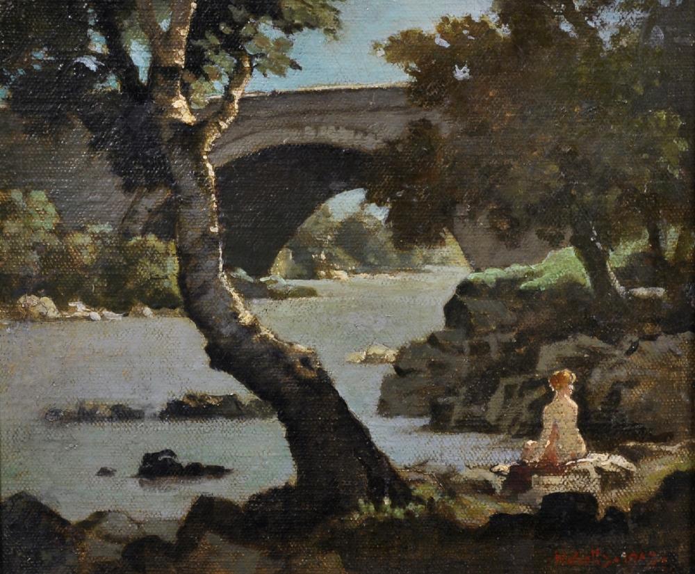 Bertram Nicholls comparable auction result: bertram nicholls 1883 1974 british a river landscape with a naked lady sitting on a bank by a tree oil on artist s board signed and dated 1962 12 x 14