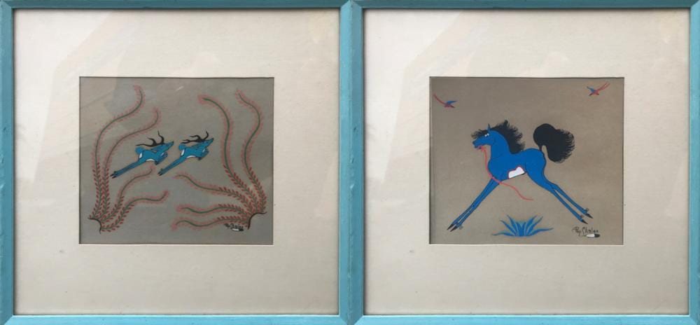 Pop Chalee comparable auction result: pop chalee blue horse and leaping stags watercolor