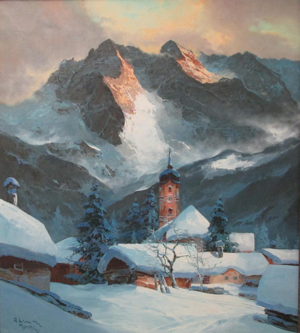Arno Lemke comparable auction result: arno lemke 1916 munich oil on canvas of a winter snow scene alpine village before mountains 27 x 31