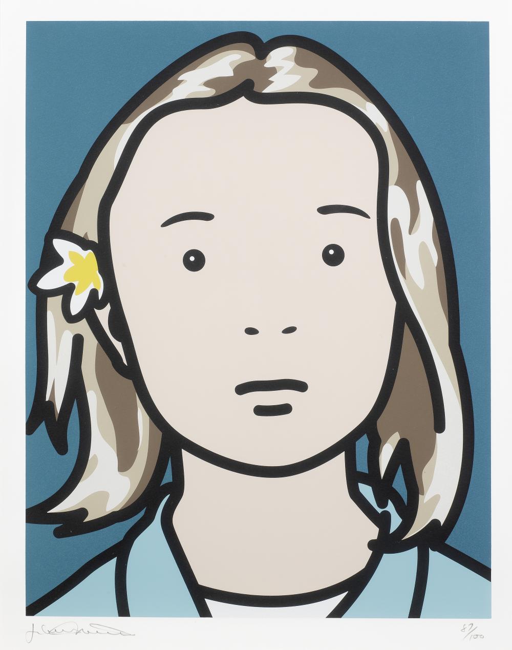 Julian Opie (born 1958) Elena, schoolgirl (with lotus blossom) Screenprint in colours, 2006, on Somerset satin paper, signed and numbered 87/100 in pencil, printed by Advanced Graphics, London, published by the artist and the Museum of Modern Art,... sold by Bonhams, lot 152 — auction record photograph