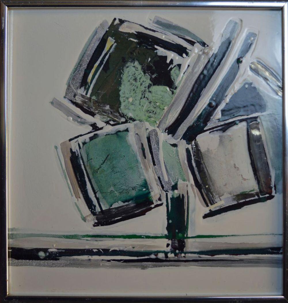 Abstract painting of overlapping green and gray rectangles with black accents, mounted in a silver frame.