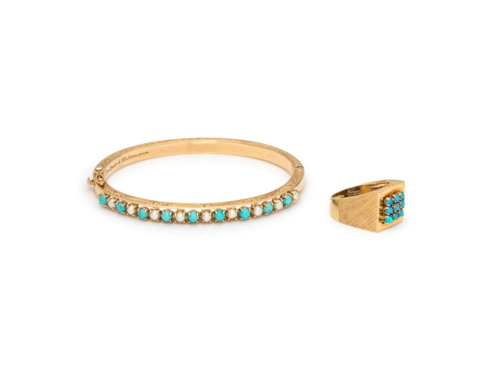 COLLECTION OF YELLOW GOLD AND TURQUOISE JEWELRY sold by Hindman, lot 19 — auction record photograph