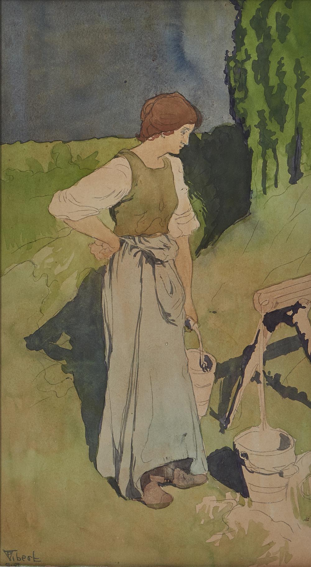 Pierre Eugène Vibert comparable auction result: pierre eug ne vibert 1875 1937 femme la source aquarelle et gouache sur papier sign e et dat e 02 38x21 cm