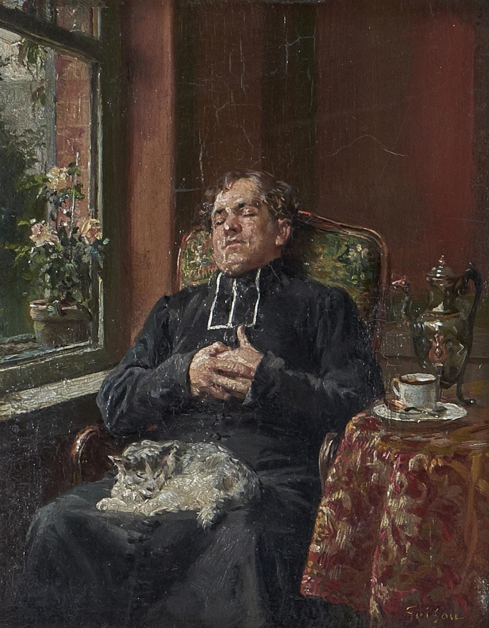 Adolphe Grison comparable auction result: fran ois adolphe grison 1845 1914 la sieste de monsieur le cur et son chat huile sur panneau sign e 16x14 cm