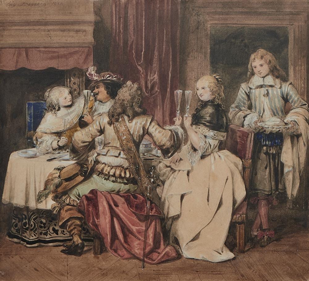 Eugène Devéria comparable auction result: eug ne dev ria 1805 1865 sc ne de genre aquarelle et gouache sur papier sign e et dat e 1831 19x21 cm