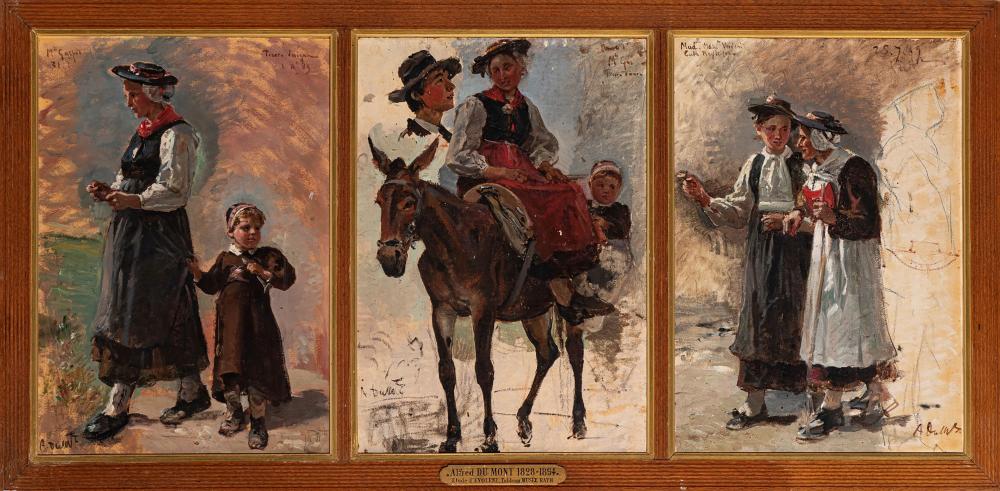 Alfred Dumont comparable auction result: alfred dumont 1828 1894 etude de sortie d glise en valais triptyque huiles sur cartons sign es 53 5x38 cm chacune 126 5x62 5 cm l ensemble