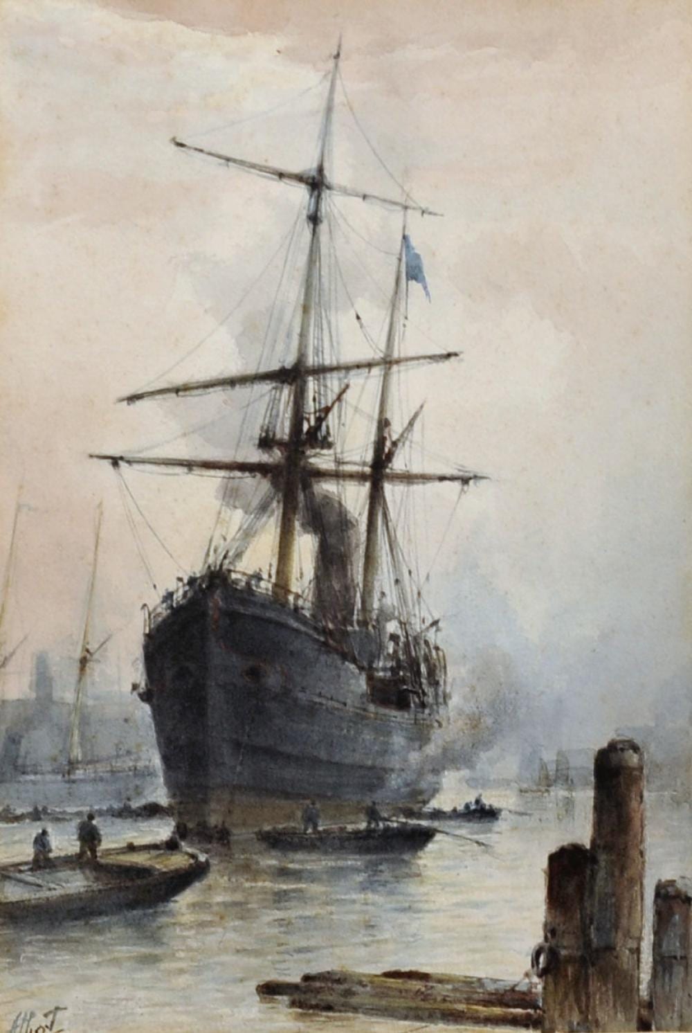 Albert Ernest Markes comparable auction result: albert ernest markes 1865 1901 british a river scene with a moored steam and sail and figures in long boats watercolour signed 9 5 x 6 5
