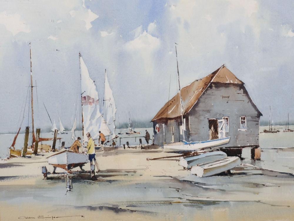 Alan Simpson comparable auction result: alan simpson 1941 2007 british dell quay with figures by the boat hut watercolour signed 18 5 x 24