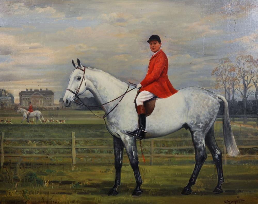 richard john munro dupont 1920 1977 british a huntsman on a grey horse with another huntsman and hounds in the distance and kitlington park in the distance oil on canvas · John Nicholson's Fine Art Auctioneers & Valuers · 2019-12-18 Richard John Munro Dupont comparable auction result: richard john munro dupont 1920 1977 british a huntsman on a grey horse with another huntsman and hounds in the distance and kitlington park in the distance oil on canvas