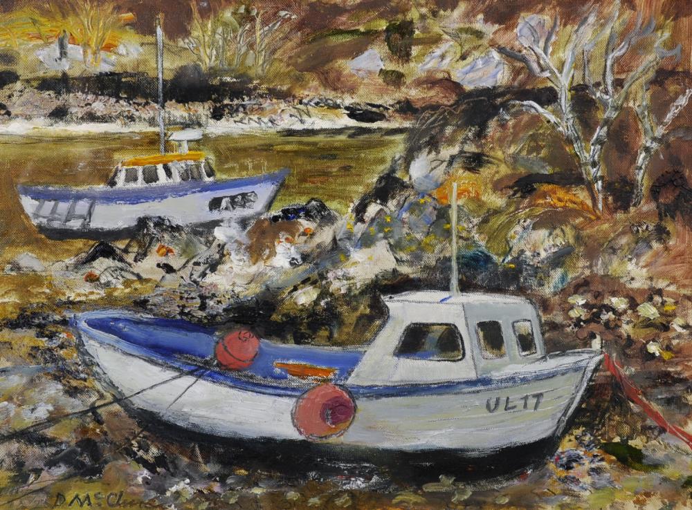 David McClure comparable auction result: david mcclure 1926 1998 british a moored boat numbered ul17 in the ullapool estuary oil on artist s board signed 11 75 x 15 75