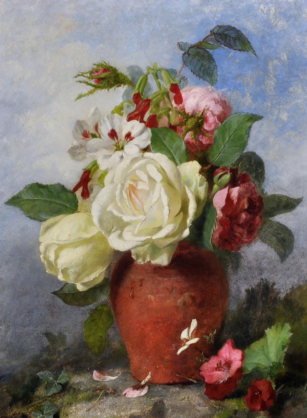 Mary Elizabeth Duffield comparable auction result: mary elizabeth duffield 1819 1914 british roses in a terracotta vase in a landscape oil on panel 16 x 11 75